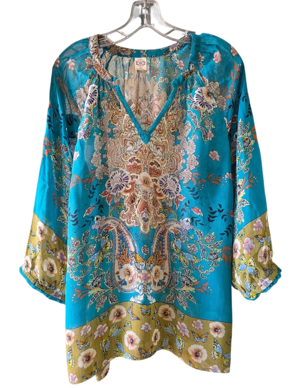 Bila Turquoise Floral Paisley V-Neck Tunic Size X-Large